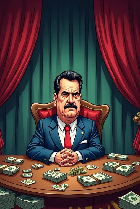 Create a cartoon of Maduro at the table of corruption while a theater curtain hangs