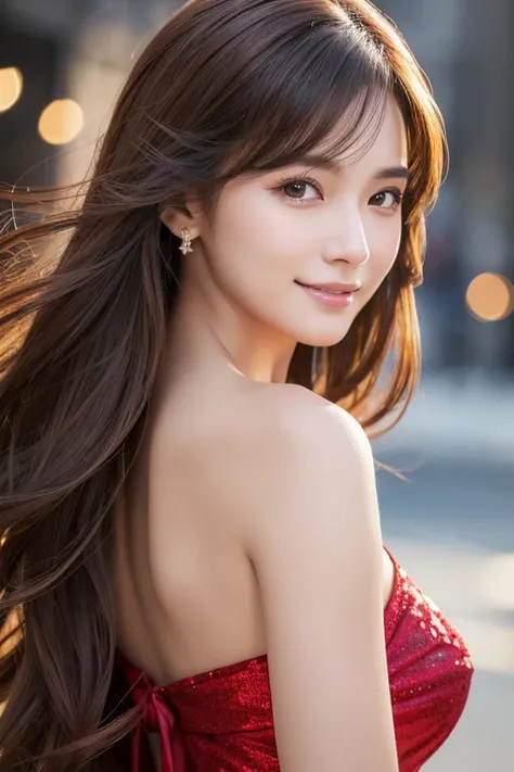 (( top quality , 8k, masterpiece :1.3)),  1 beautiful and beautiful woman , smile,  Slim face,  beautiful woman, ( dark brown hair ),  red long dress like a dance :1.1,  super detailed face,  beautiful eyes,  double eyelids,  blur background, Slim face, ci...