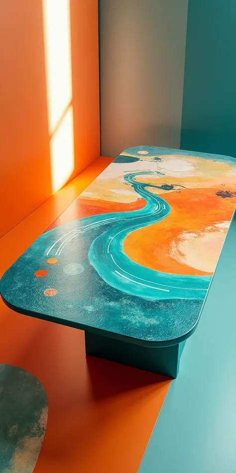 THEMED TABLE ON THE PATH TO SUCCESS, ORANGE AND TURQUOISE COLORS WITH A PREDOMINANCE OF COLORS, ABSTRACT VISUAL