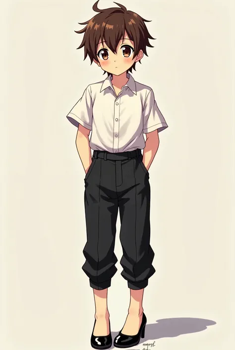 anime style, bare feet, 1boy, young boy, brown hair, brown eyes, school boy, black school pants, black heels