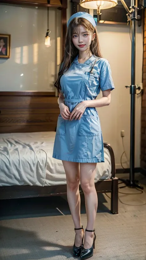 a beautiful young 24-year-old Japanese woman, beautiful, detailed anatomy, beautiful skin, random hair color and hairstyle, big breasts, nurse hat, (nurse uniform:1.3), nurse cap, (she is standing:1.2), full body shot, high heels, hospital, (best quality,8...