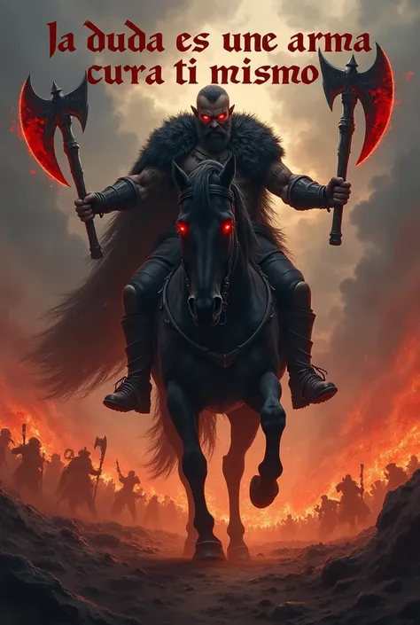 "SANGRE FRÍA: La duda es un arma contra ti mismo"

IMAGE 1 PROMPT:

A Viking berserker with glowing red eyes and a black wolf pelt over his shoulders rides a colossal black stallion with crimson flames in its eyes. His hands grip twin axes crackling with d...