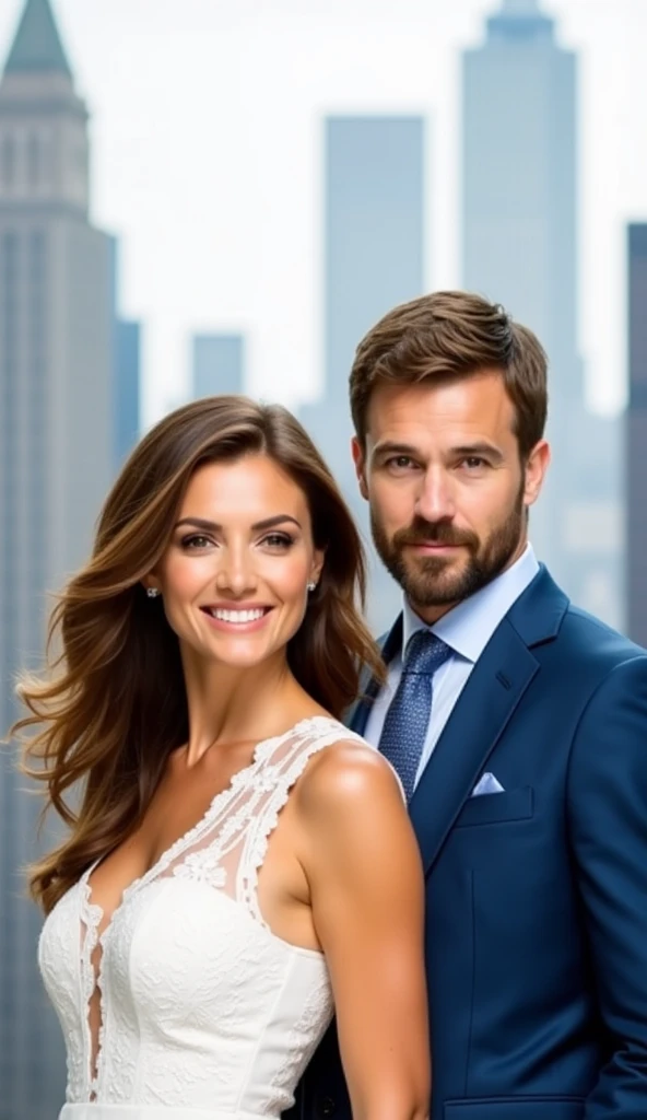 Image is a promotional poster featuring two individuals in a cityscape background. On the left, a woman with long, wavy brown hair and light skin is wearing a white dress with lace details. She is smiling and facing forward. On the right, a man with short ...