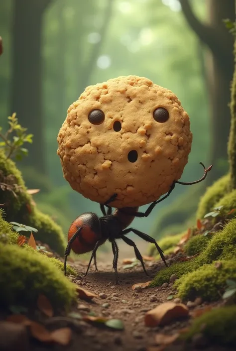 A ant Carrying a large cookie crumb, struggling but determined