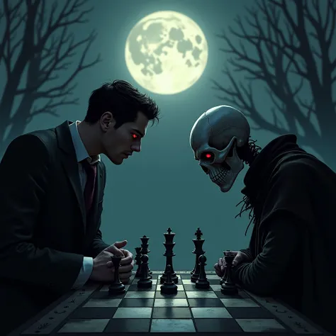 (background, a dark and haunting environment, full moon lighting type, two subjects playing chess, Lucifer and the corner of death), (deep full shot), (the two subjects, Lucifer and the corner of death, look at the chessboard, one in front of the other), (...