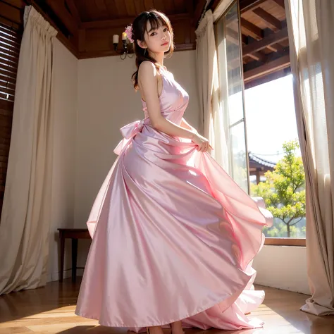  Realistic Photo Quality 、 20 year old Japanese model standing in a pink dress, Beautiful silk dress,  satin, soft and elegant dress, Bright pink dress, Stunning graceful pose, Long gown,  pink dress ,  beautiful soft and silky dress ,  Beautiful and Elega...