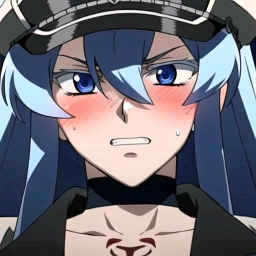 Esdeath, (aroused facial expression), angry eyebrows, clenched teeth, blush, sweat, (hat), choker, hair between eyes, (uniform), military, (military uniform), tattoo, (peaked cap), chest_tattoo, (simple dark background), facing down, looking down, close-up...