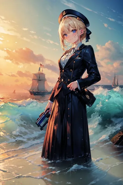 (8k,  highest quality,  Masterpiece: 1.2), ultra high resolution, 1 person,  cute,  alone, small tits,  Highly Detailed Face ,  are standing,  blond,  blazer,  shirt,  blouse, ribbon,  NAVY BLUE のシワ付スカート,  NAVY BLUE , Gothic Long Skirt,  sea bathing,  soak...