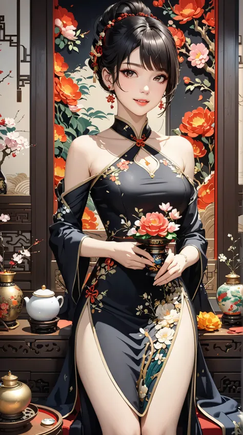 ((  TOP QUALITY)),(  ultra high resolution),(  very detailed),(  Detailed Explanation ),((  best CG  )),(  BEST ARTWORK  ), Ultra-precise art,  Amazing Painting Art,(Exquisite art:1.5), woman,  a beautiful and well-groomed face , light makeup, Smile, Flora...