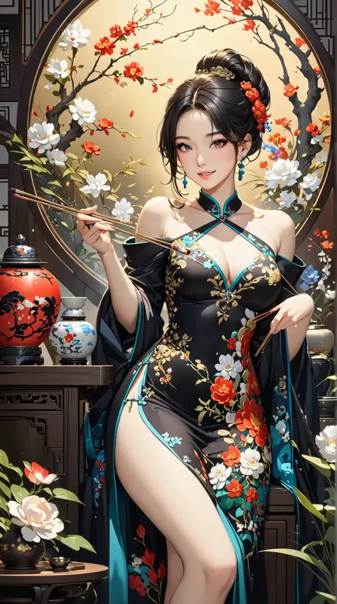 ((  TOP QUALITY)),(  ultra high resolution),(  very detailed),(  Detailed Explanation ),((  best CG  )),(  BEST ARTWORK  ), Ultra-precise art,  Amazing Painting Art,(Exquisite art:1.5), woman,  a beautiful and well-groomed face , light makeup, Smile, Flora...