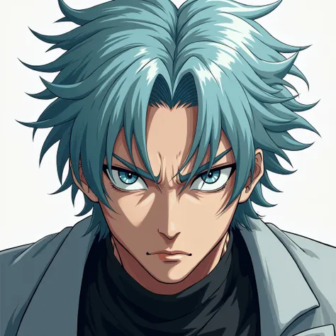 Anime gray-cyan haired man with a sharp gaze 