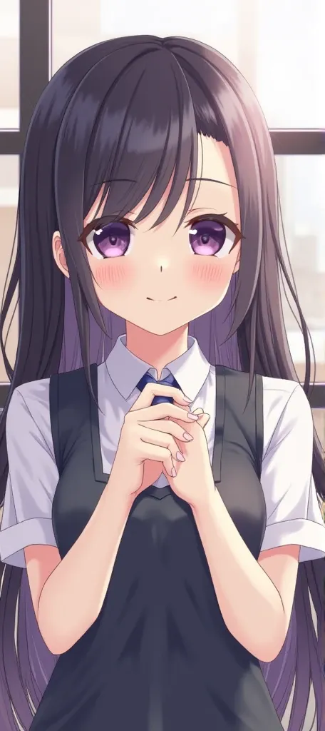 One girl in the world, solo, chest,  blushes,  smiles,  long hair,  black hair,  background blur,  highest quality,  high resolution, Purple Hair, Gray Hair,  illustration , anime風, anime, 