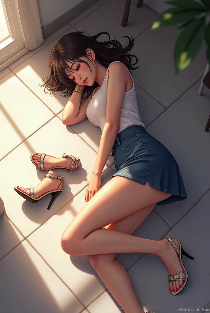  dressed in stylish short skirts on tile floor,Sexy 18 year old girl sleeping in shoes 