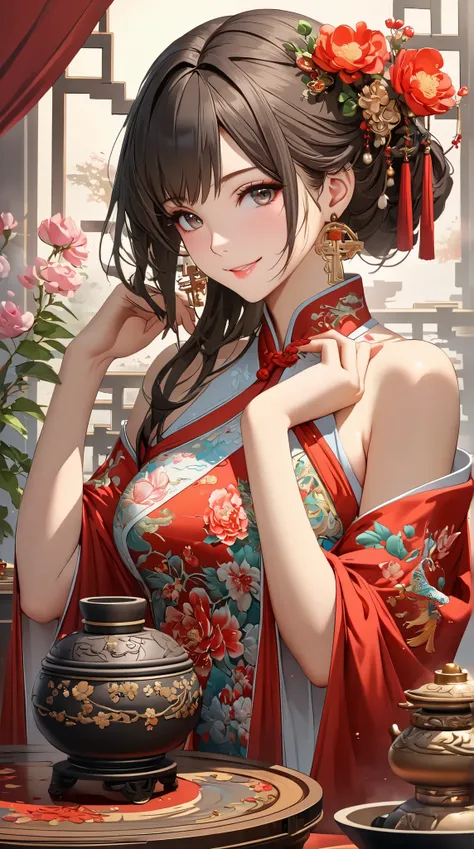 ((  TOP QUALITY)),(  ultra high resolution),(  very detailed),(  Detailed Explanation ),((  best CG  )),(  BEST ARTWORK  ), Ultra-precise art,  Amazing Painting Art,(Exquisite art:1.5), woman,  a beautiful and well-groomed face , light makeup, Smile, Flora...