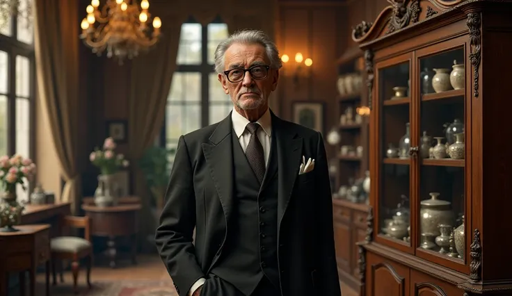 An older man, standing in a more elegant antique shop.
