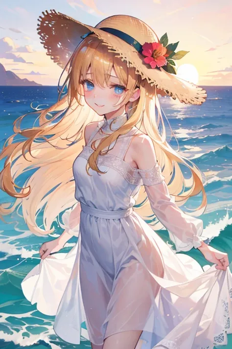 The sea where the sun sets is dyed orange and gently swaying with waves。The girl crying with a beautiful smile on her face like a blooming flower has long, beautiful blond hair and blue eyes。A pure white dress that keeps dirt away、 wearing a straw hat