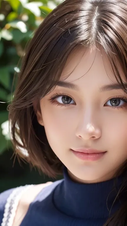 (18 year old sweetheart ), (Big Breasted :1.3),   Background Garden、 dark blue turtleneck sweater 、(masterpiece: 1.3), (Maximum resolution: 1.4), ( super high definition : 1.2), light,  super high definition ,make&#39;cheek:1.2、 (Beautiful eyes and skin), ...