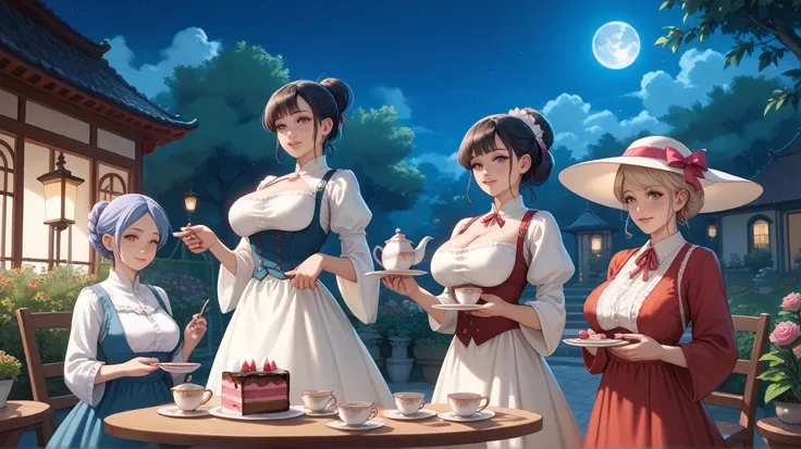 Moonlit Tea Ceremony, 3 busty women, giga_busty, moon night, garden, tea cups, cake stand,score_9, score_8_up, score_7_up, score_6_up, score_5_up, score_4_up,