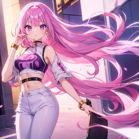  Anime Girl 　 long eyelashes　 purple eyes　long pink hair with bangs　 white crop top 　 jeans with holes　Gold Jewelry , outside