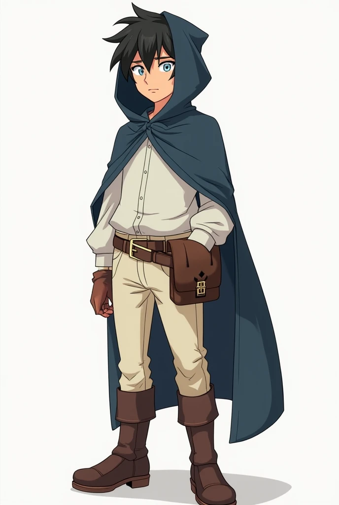 20 year old boy with disheveled black hair and silver eyes. Clothing=He wears brown leather boots on his feet, cream colored pants with a belt and a brown leather pouch on his hip, a white long sleeved buttoned shirt, and a dark blue hooded cape around his...