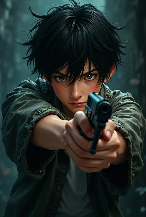 A man's manga boy holds a pistol 