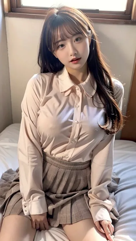 A beautiful woman who makes people like you、 exhibitionist、nsfw、 school uniform(White long sleeve collared shirt)、 sexy pose、orgasm:1.5、 laying on bed:2.0