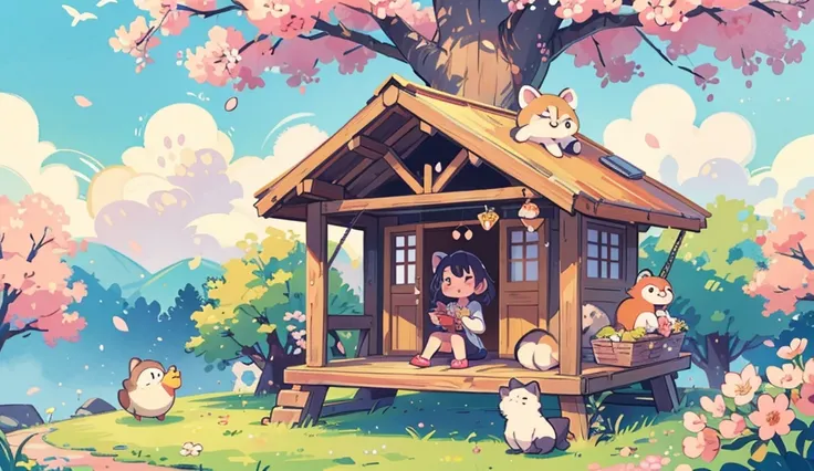 kawaii foxex, cherry blossom tree house, spring scene, wooden swing, chibi style, pastel colors, soft lighting, cute illustration, anime style, pink sakura petals falling, white raccoon with gold collar, orange striped raccoon, small yellow ducks, wicker b...