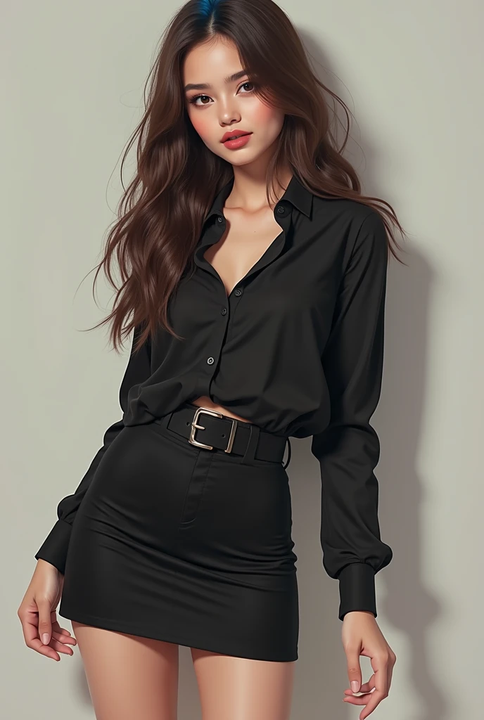  Brown-eyed girl with long brown hair with blue nape hair ,down from 1.57 lips with cupid bow ,not so thick eyebrows , wearing a tight black skirt and a black blouse with black vans shoes