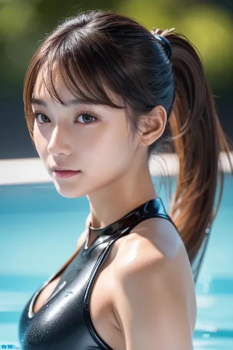 8k,  fur headset  , masterpiece:1.2), ( realistic,  Photorealistic :1.3),  fur headset  , masterpiece, Perfect dynamic composition of a beautiful and beautiful woman , Contemplative look,  thoughtful expression, Competitive swimmer、 latex swimsuit、 ponytai...