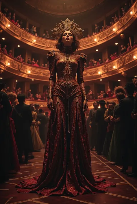 A majestic shot: The Opera Snake Queen - In a dimly lit, ornate opera house, the Snake Woman stands center stage, her stunning costume adorned with a vibrant snake pattern that shimmers under the dramatic lighting. The masked ball attendees swirl around he...