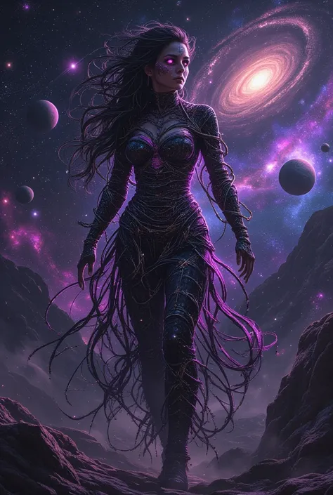 The "Galactic Priestess" rules over the depths of space. Her skin is jet black like the night sky, and is twinkling with the tiniest light of stardust. Her hair is made of tangled silver snakes floating in zero gravity, and her tail spreads out like a blur...