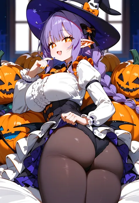  Halloweenウィッチ。 side composition。Purple Hair。Thin braids。 beautiful girl。 orange eyes。pointed ears 。 frill skirt。 Halloween。 witch hat 。leggings。Location is in front of the castle。 Super Skinny。 orange eyes。Star-shaped eyes。Dark Dude 。Sleeping on your stom...