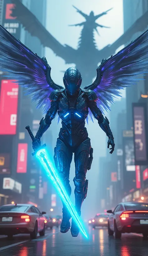 A futuristic cyber warrior with glowing neon armor and mechanical wings, flying through a high-tech city with flying cars and holographic billboards. The warrior holds an energy sword, glowing blue, as a robotic dragon attacks the city. Sparks and energy b...