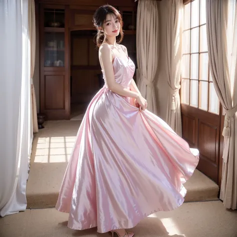  Realistic Photo Quality 、A 20 year old Japanese model is standing quietly wearing a pink dress, Beautiful silk dress,  satin, soft and elegant dress, Bright pink dress, Stunning graceful pose, Long gown,  pink dress ,  beautiful soft and silky dress ,  Be...