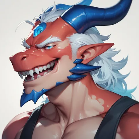  One face of a half-human half-dragon . Two are human male faces,Light-headed , Evil eyes ,teeth,Uncle face. One of two is a male face of a dragon , with a blue dragon horn , Sharp long dragon eyes ,尖銳的龍teeth. to the left is a human male face (1/2), to the...