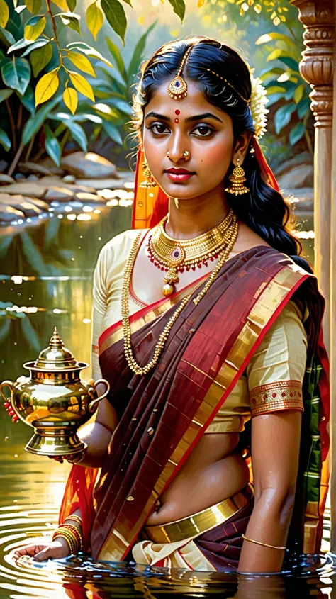 *"A highly detailed oil painting realism art in the style of Raja Ravi Varma, depicting a divine Indian woman emerging waist-deep from a sacred river, gracefully balancing a traditional brass water pot on her head. Her deep, expressive eyes glisten with so...