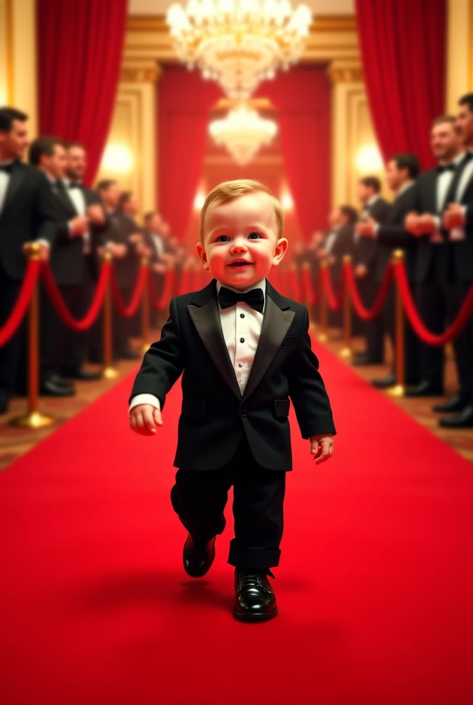 Generate a photo of a cute little baby who is wearing very chic gala attire parading on a red vacuum runway