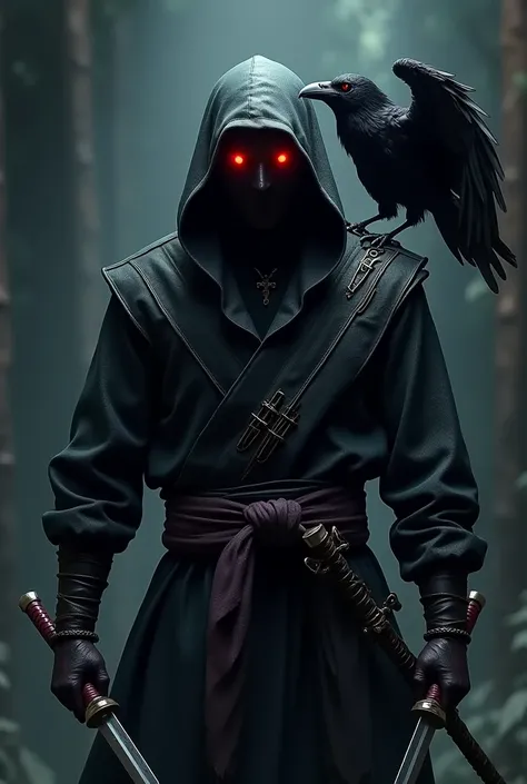 A man in a ninja costume, glowing red eyes, holding two katanas, dark background and a raven on his shoulder.