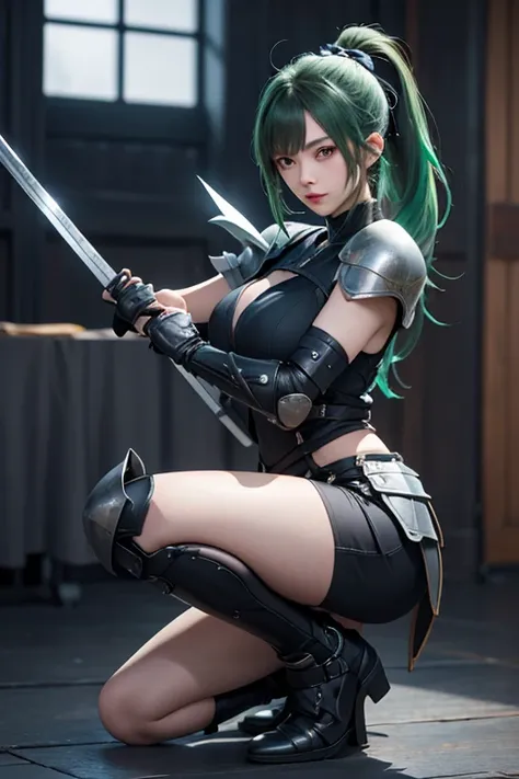 female ninja knight, long green ponytail reaching to her knee, two crossed swords hanging from her back, wearing a knight-ninja armor