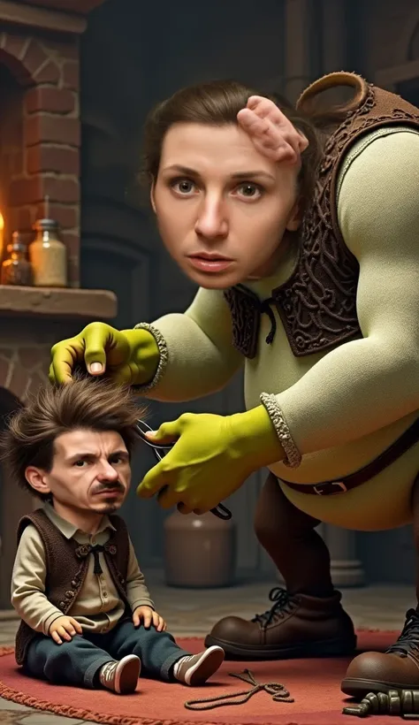 Shrek cutting the boy's hair
