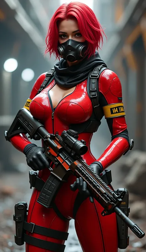 Photo of a Free Fire female character with the name SERAPHIM on his clothes, red m4 in her hand, wearing gas mask, big boobs, red nanotech suit , red short hair