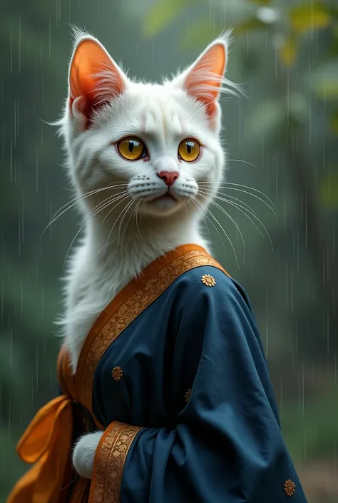 A lifelike anthropomorphic female cat with soft white and deep navy fur, reflecting elegance and serenity. Her large golden eyes shine with dreams and quiet emotions. She is dressed in a traditional South Indian silk salwar kameez, its rich fabric flowing ...