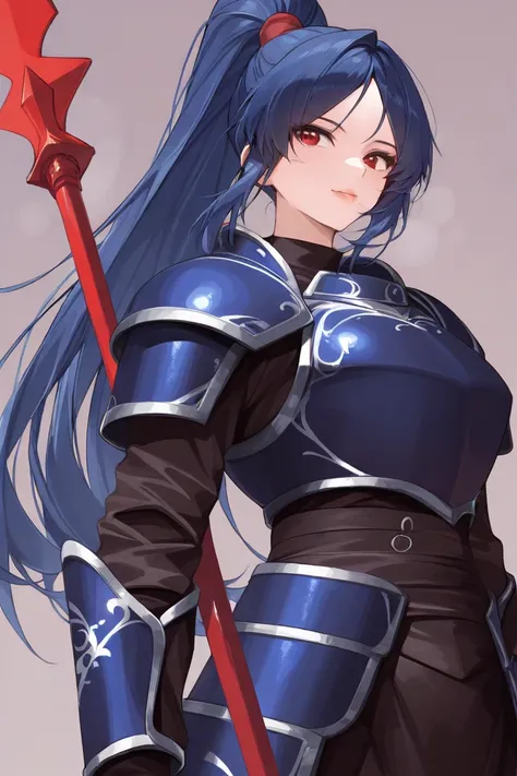 look straight ahead,woman,adult,double eyelids,small nose,lip gloss,ponytail,has bangs,confident look,blue leather armor,no background,red eyes,blue hair,red spear in right hand,left hand on waist,larger head