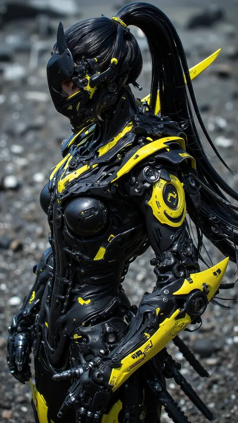 Space Girl ， Knight Girl ， Space Punk ，hair，Stern， Yoji Shinkawa and Tsutomu Nihei Photography，Black theme，Yellow theme ， Battle Worn Armor ， Gravel Background ， depth of field ， dynamic photography，fashion photography，sharp，keen， Super Details ：1.15，4N1V3...