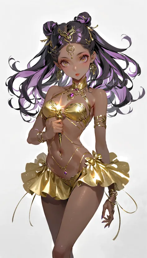 Cute brown skin girl, Sexy body, Wavy Purple Hair [With a black shade], Golden Eyes (shining), ultra-realistic eyes,