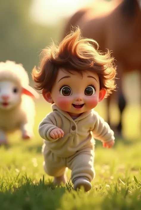 /image prpompt baby brown hair brown eyes "A baby, just starting to walk, chases after the sheep with tiny, wobbly steps. Each stride through the grass boosts their confidence a bit more. Baby giggles, the surprised clucks of the horse, and feathers shimme...