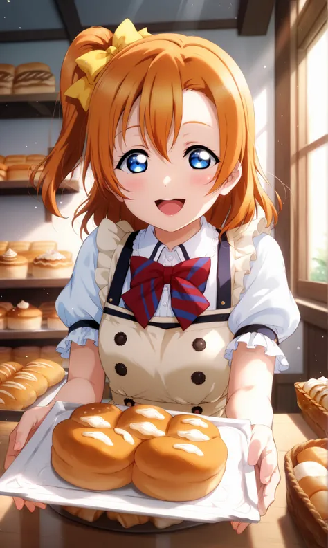 Kousaka honoka,love live,highres, orange hair, blue eyes ,blush ,yellow ribbon, maid outfit, white blouse, beige apron, red and blue striped bow, bakery setting, fresh bread, sunlight, warm atmosphere, holding tray, offering bread, smile, open mouth