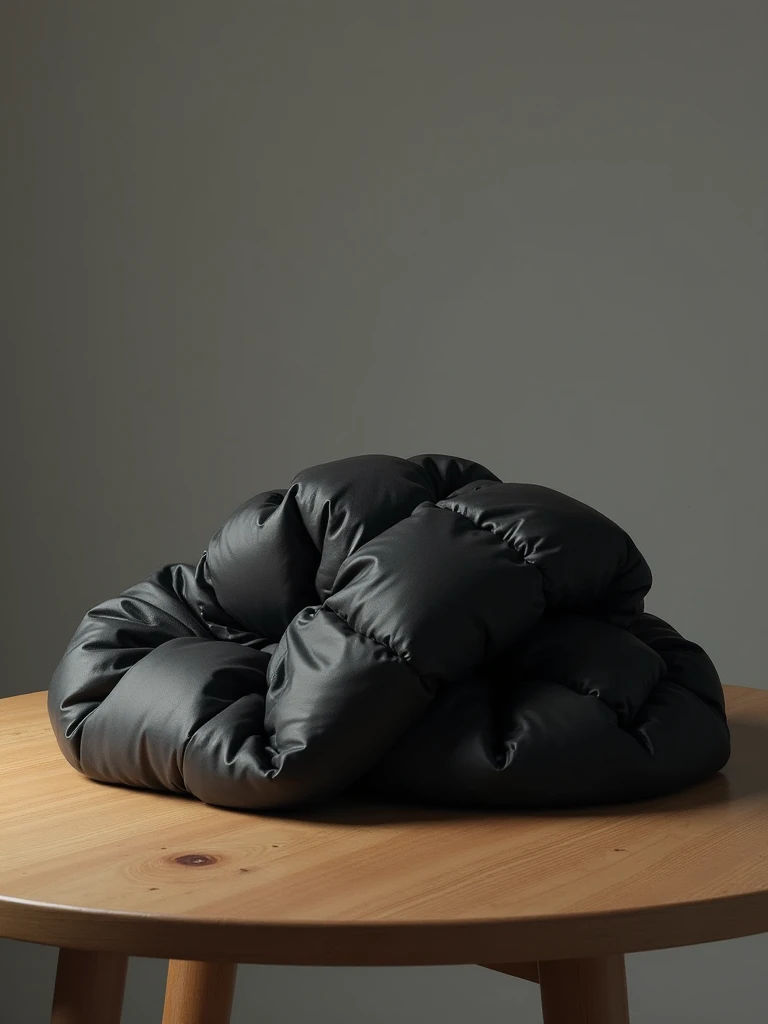 a crumpled, thin black down jacket stacked on the table.