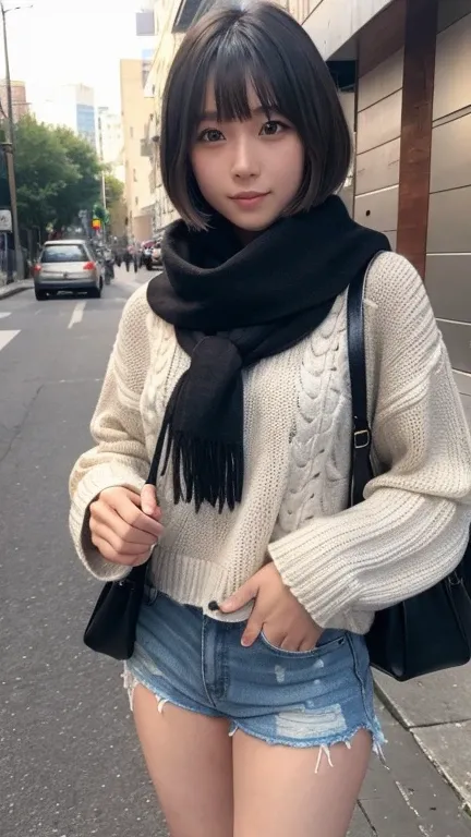  muffler girl、21 years old、Beauty、Gray hair bob cut、 The bangs are aligned above the eyebrows 、I'm wearing a black scarf around my neck、The mouth is hidden by a muffler 、The tip of the muffler has become huge and turned into a big black cat、Wear a white sw...