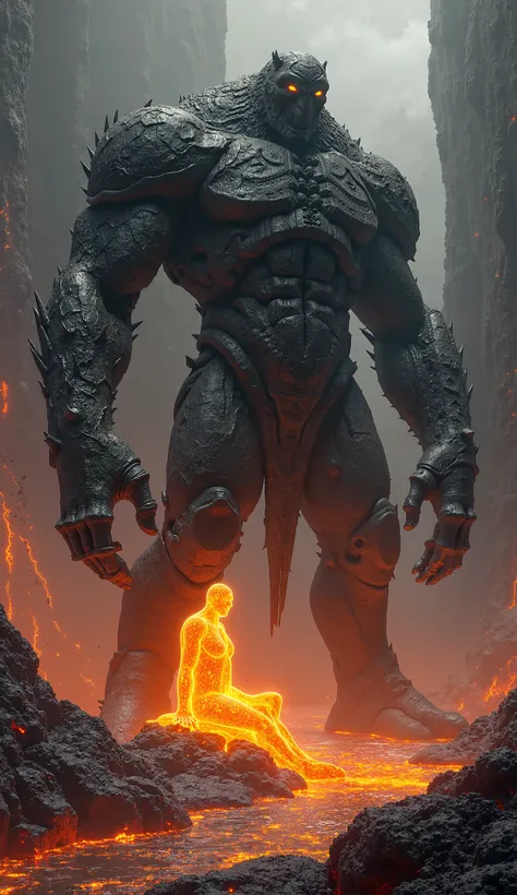 A towering, ancient golem made of cracked obsidian and jagged stone reaches out with its colossal hand toward a molten magma being sitting peacefully on a bed of glowing lava. 